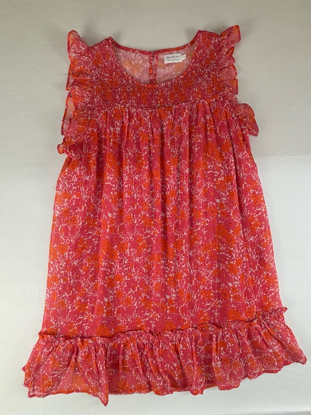 Floral Smocked Ruffle Midi Dress in Pink & Orange
